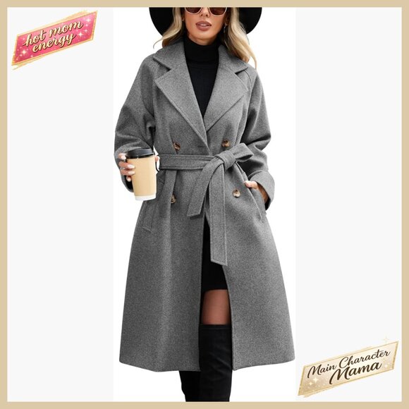 Elegant Double Breasted Pea Coat Classic Trench Belted Fall Winter Coat